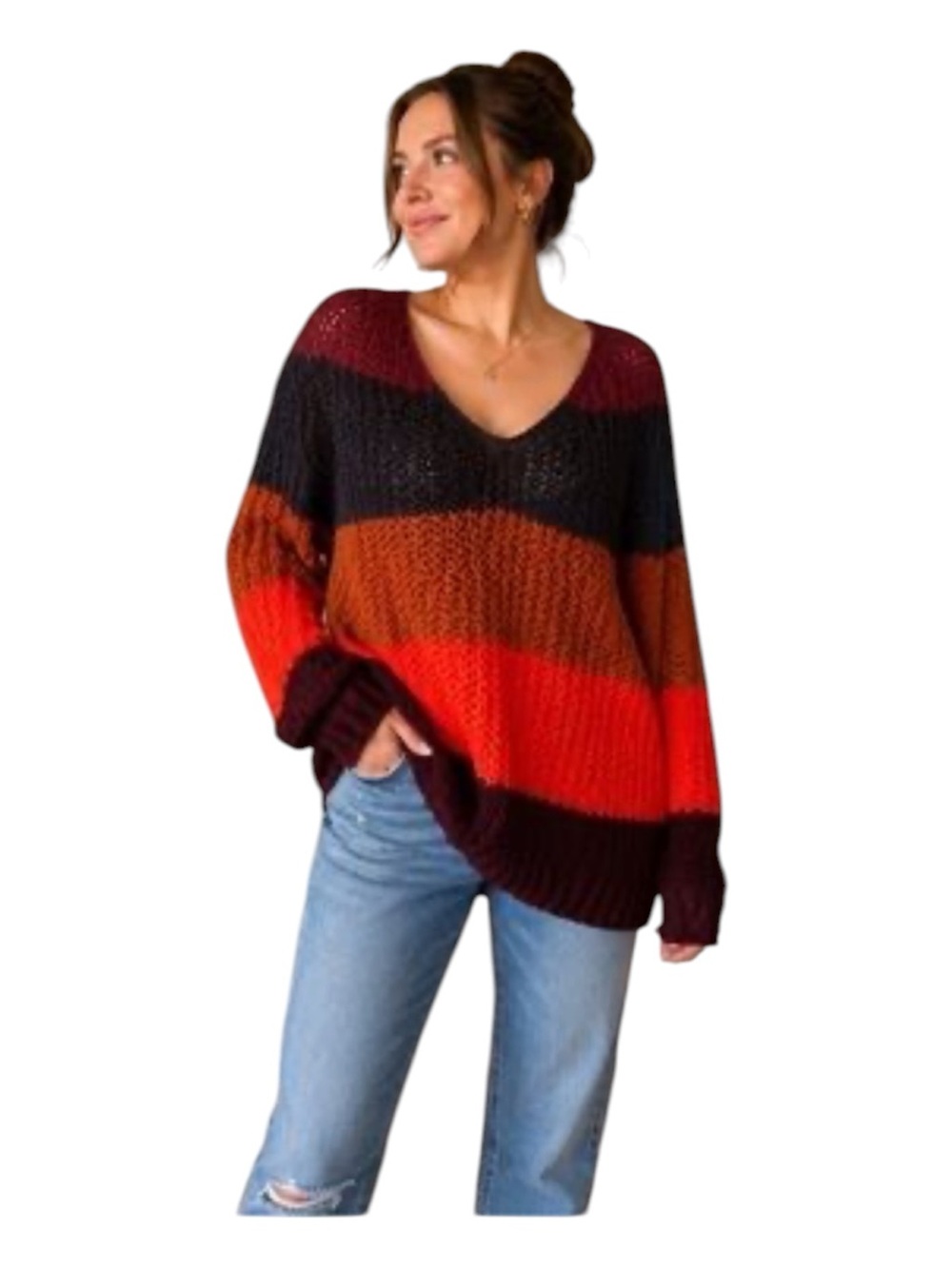 American Eagle Oversized Open Knit Colorblock V-Neck Striped Sweater Sz S